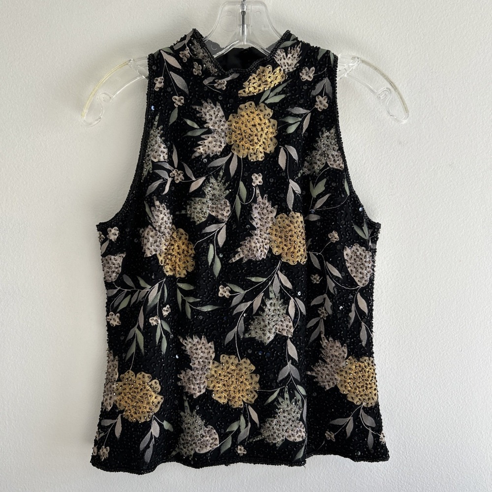 JKARA Black Gold Beaded Halter Neck Evening Sleeveless Top Sz S Art Nouveau Glam